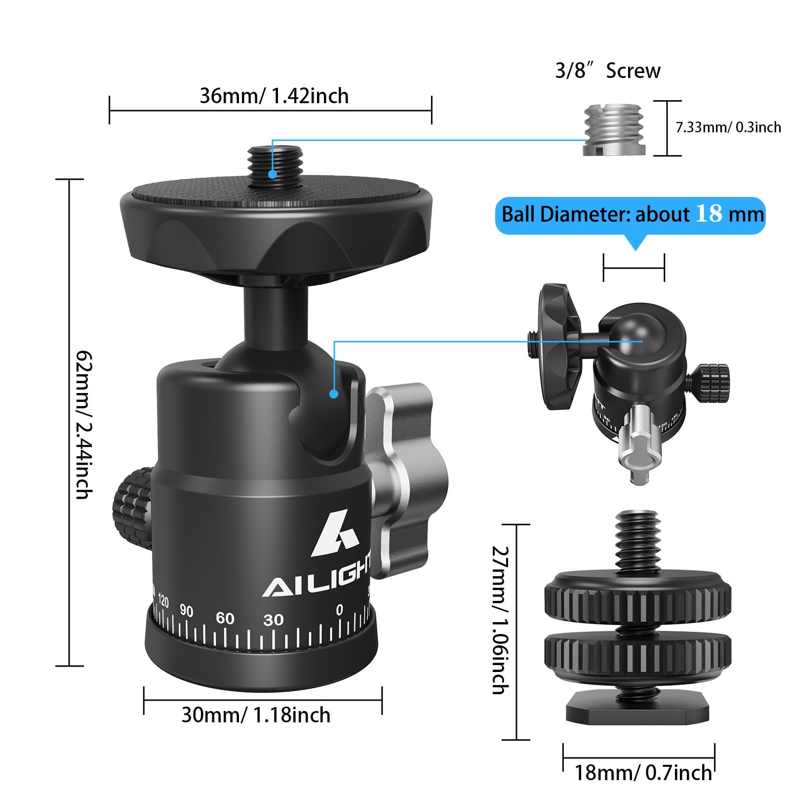 Ailight Mini Ball Head, 360 Panoramic Tripod Head, Universal 1/4'' To 3/8'' Screw Adapter Swivel Ball Head Tripod Mount, Dual Co