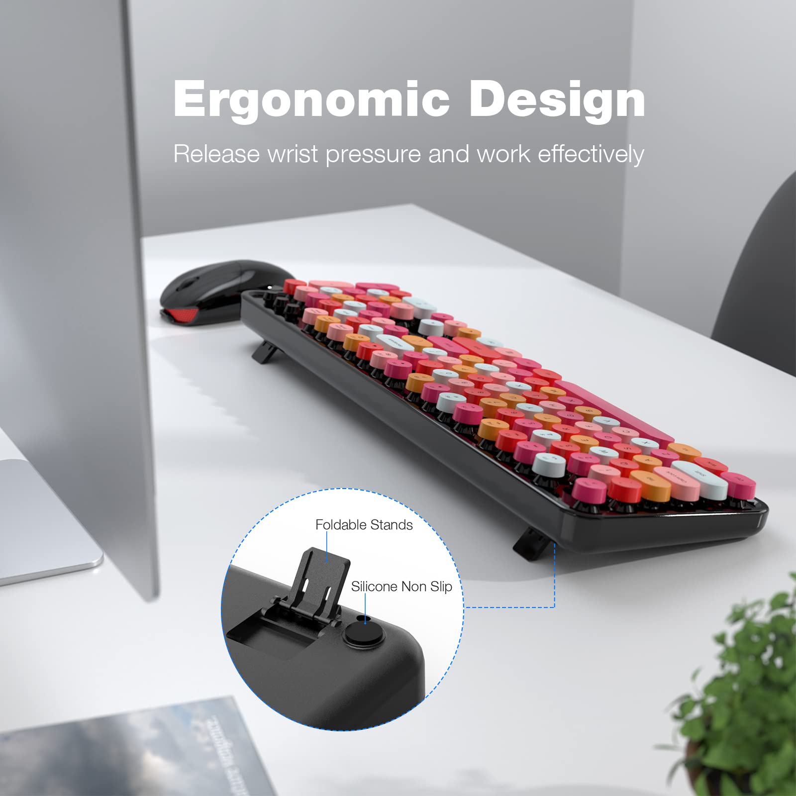Dilter Wireless Keyboard And Mouse Combo, 104 Keys Full Sized 2.4 Ghz Round Keycap Typewriter Keyboards, Usb Receiver Plug And P