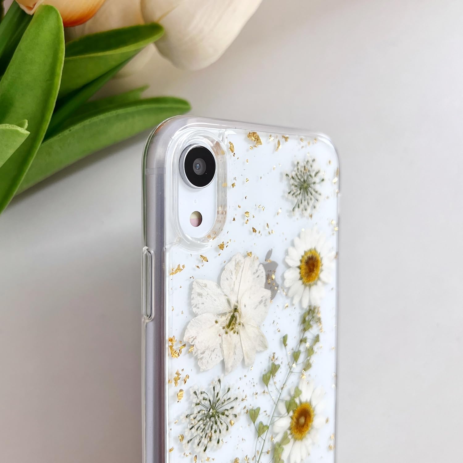 Lseeka For Iphone Xr Clear Case With Pressed Real Flowers Design,Glitter Cute White Floral Pattern Slim Soft Tpu Protective Wome