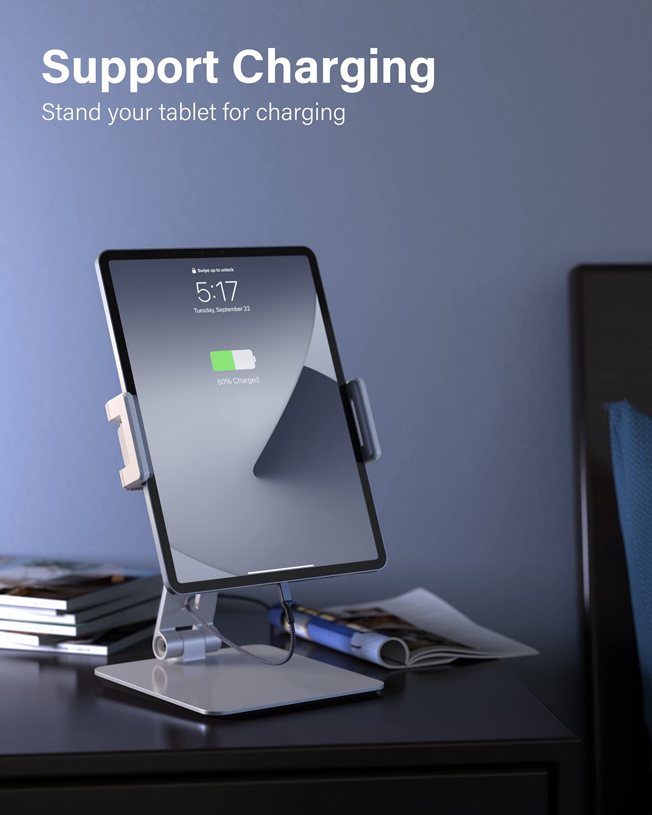 Maxonar Tablet Stand For Desk, 360� Adjustable Aluminum Alloy Swivel Ipad Charging Tablet, Ipad Pro Air Mini Tablet Holder For Bed Store Pos Showcase Kitchen Office Drawing Desktop (6 13''), Silver