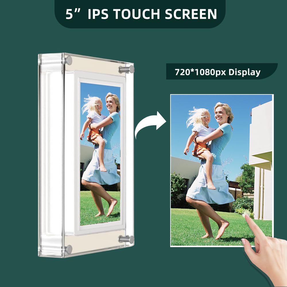 Frameo 5 Inch Smart Wifi Acrylic Digital Photo Frame Ips Lcd Touch Screen, Auto Rotate Portrait And Landscape, Built In 32Gb Mem
