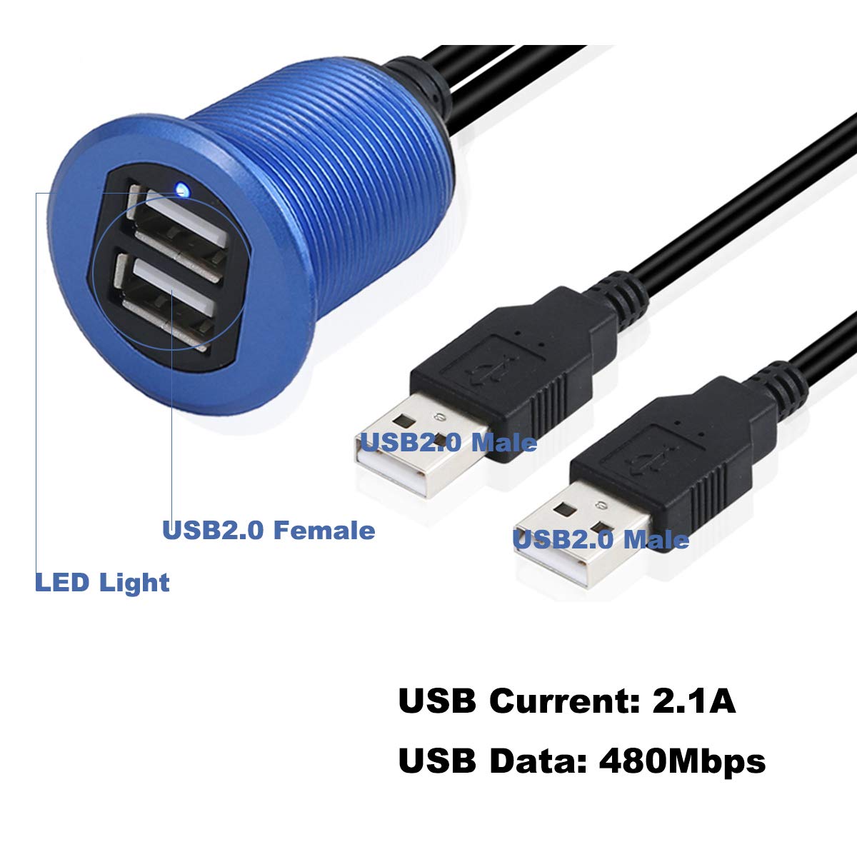 Kework Metal Dual Usb 2.0 Ports Mount With Light, 3.3Ft 2 Ports Usb Male To 2 Ports Female Flush Mount Panel Mount Extension Aux
