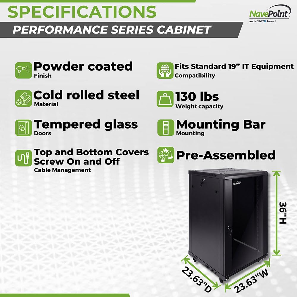 Navepoint 18U Server Cabinet Wall Mount Rack Enclosure With Caster Wheels, 2 Fans, Locking Glass Door, Removable Side Panels   1