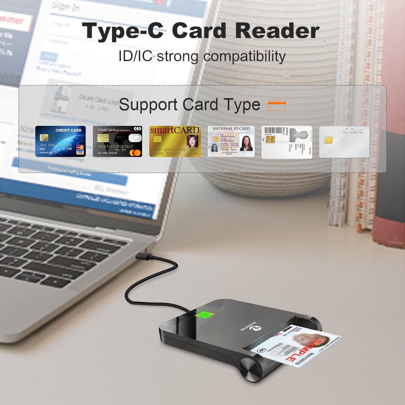 ZOWEETEK USB C CAC Reader - Military Common Access Card Reader for Windows 10/11, Mac OS, Linux - Black
