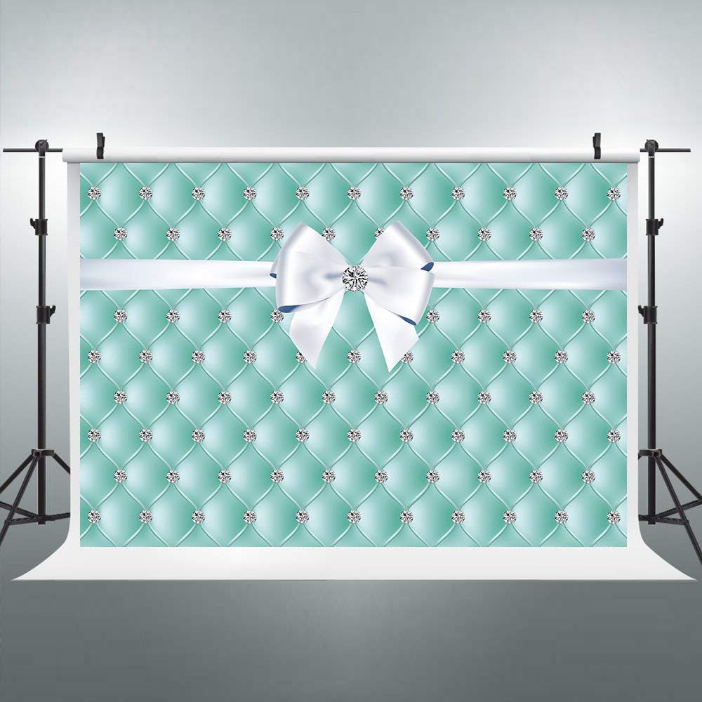 Riyidecor Blue Breakfast Decorations Backdrop Diamonds Bowknot Teal Sweet Birthday Party Banner Background 8X6 Feet Turquoise Girls Women Dessert Table Photography Wedding Props Video Studio Props