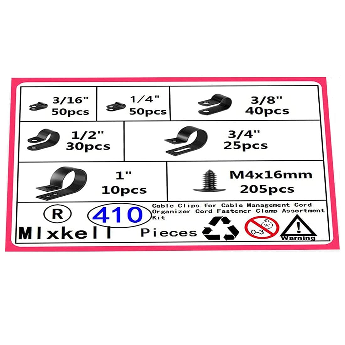 Black Plastic Screw Installation Cable, Used For Power Cord Fastener Classification, 6 Sizes 410 Pcs Of Nylon R Type, 3/16'' 1/4