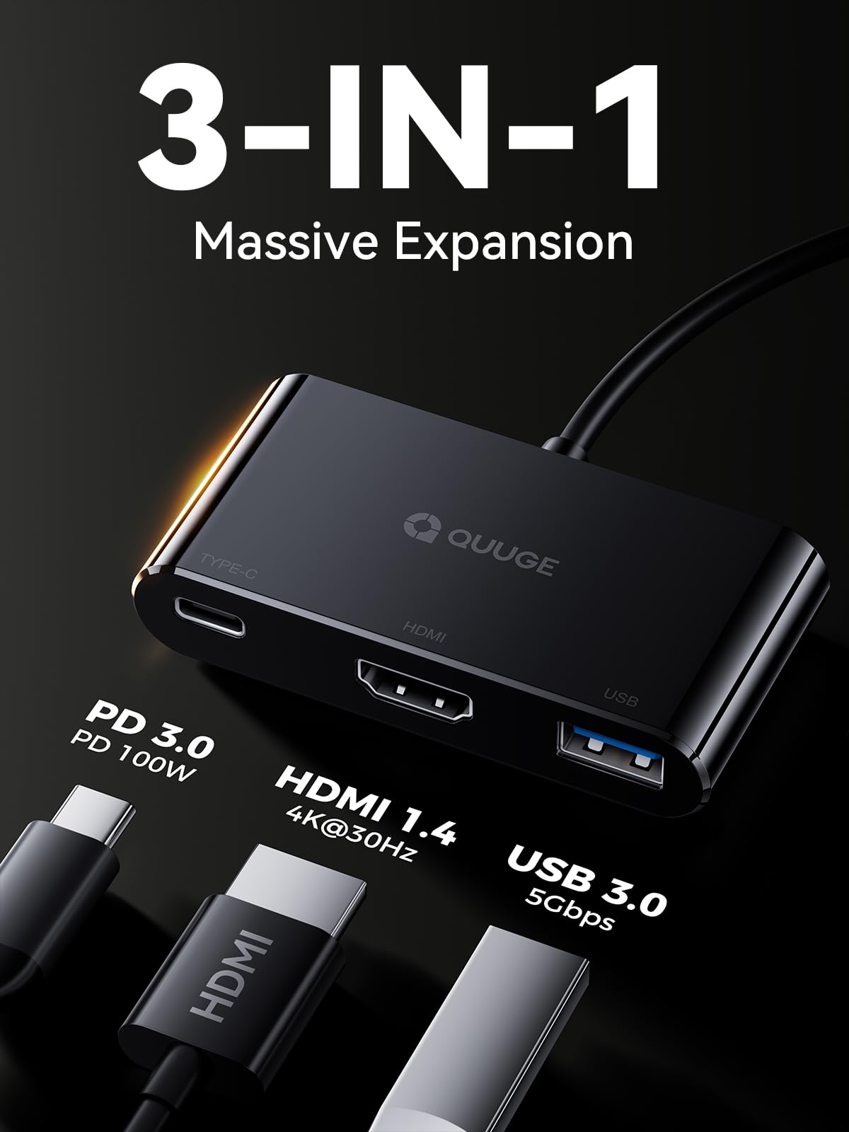 Quuge Usb C To Hdmi Adapter, 3 In 1 Usb C Hub With 4K Hdmi, 100W Power Delivery, Usb 3.0 Data Port,Usb C Digital Av Multiport Ad