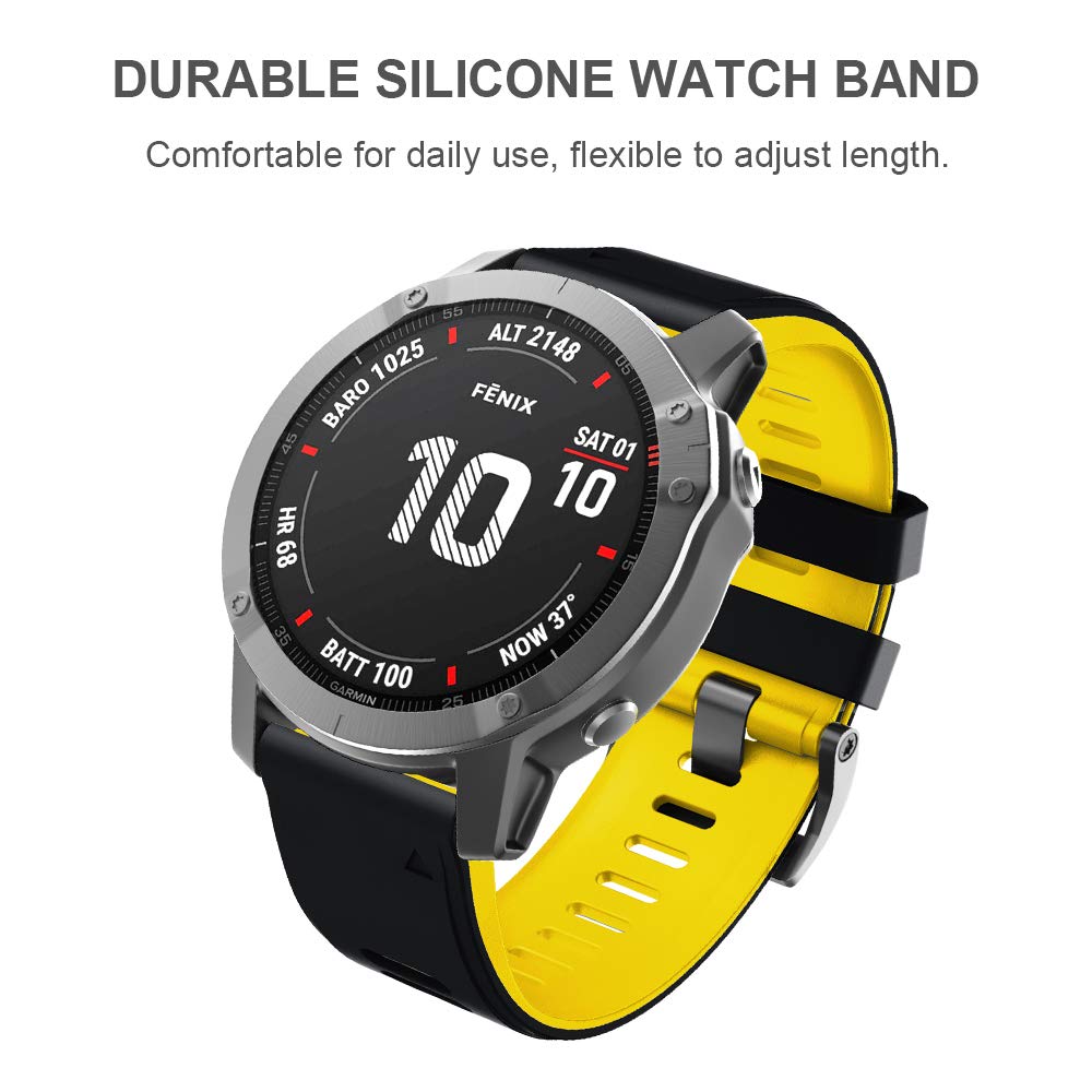 Ancool Fenix 6X Pro Watch Band/Fenix 5X Watch Band/Fenix 7X Watch Band 26Mm Silicone Watch Band For Fenix 6X/5X Plus/7X(Black Ye