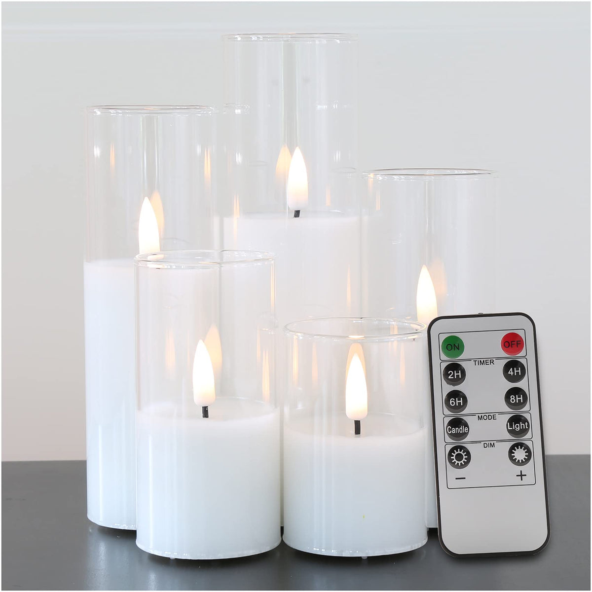 Eywamage 5 Pack Clear Glass Flameless Candles With Remote, Flickering Slim Tall Led Pillar Votive Candles Battery Included