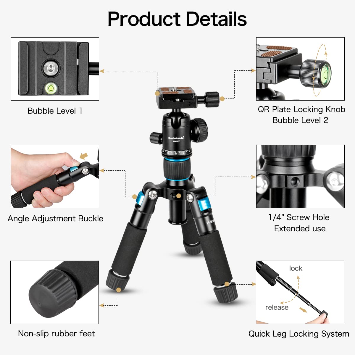 Koolehaoda Portable Mini Tripod Aluminum Alloy Tabletop Tripod Height 20 Inch / 51Cm With 360 Degree Ball Head And Bag For Dslr