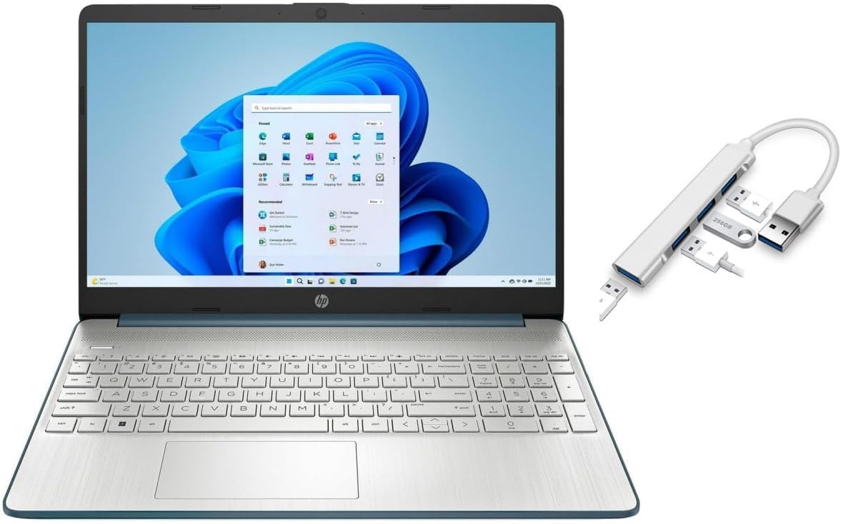 HP 15.6 inch Laptop | Intel Core i5-1235U Processor | Spruce Blue| 8GB RAM | 256GB SSD | Windows 11 Home | Bundle with USB 3.0 H