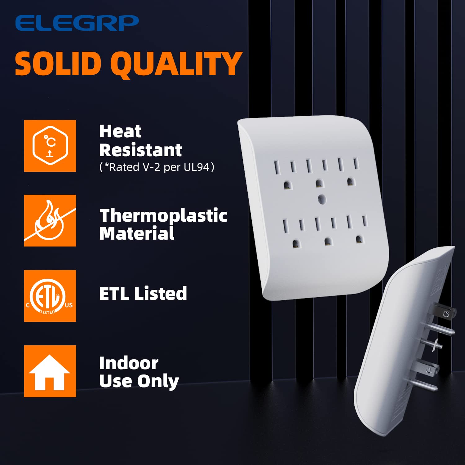 Elegrp 6 Outlet Extender With Central Anchor, 3 Prong Grounded Wall Tab, Multiple Outlet Extender With 6 Electrical Outlets, Etl