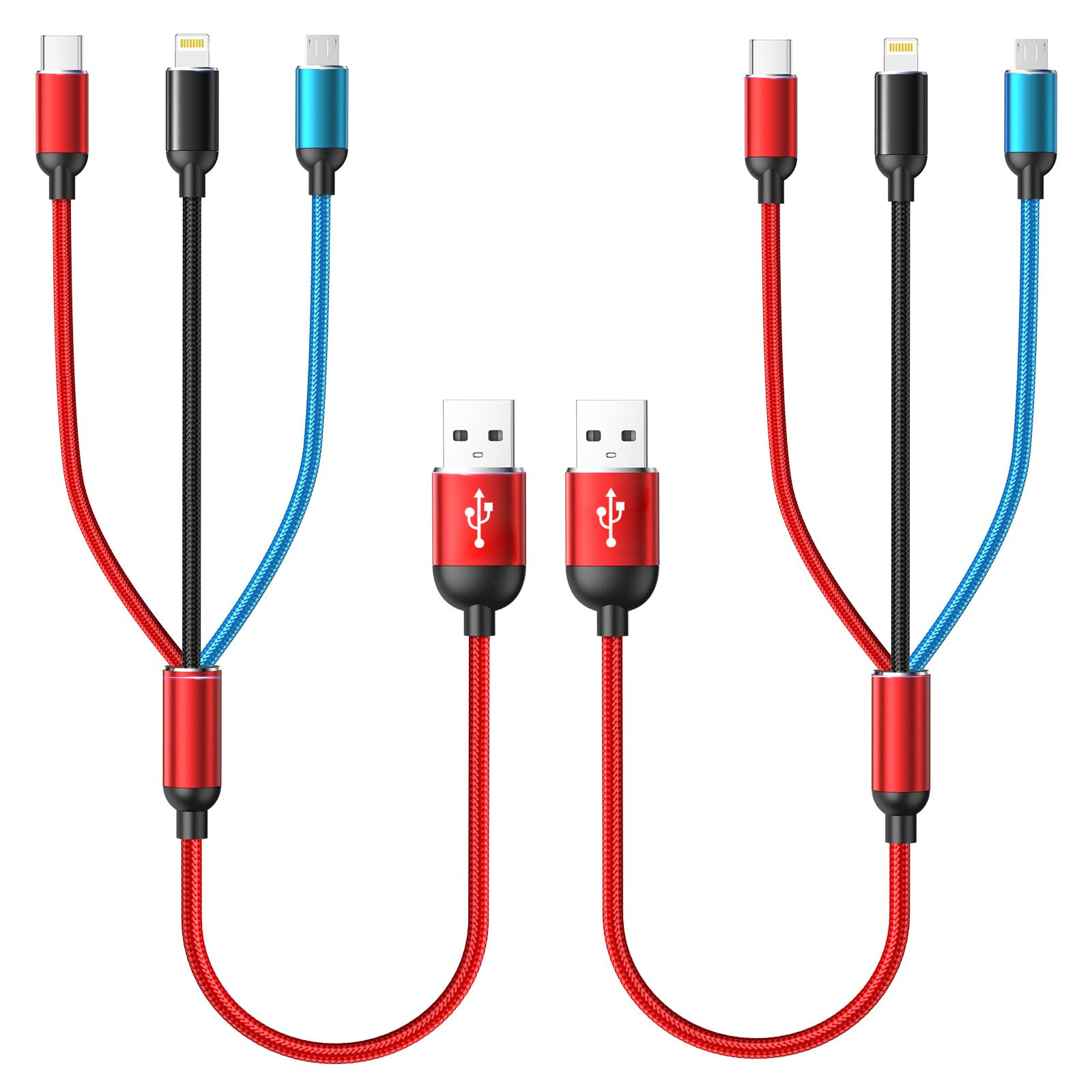 Short Multi Charging Cable, 1Ft 2Pack Fast Multiple Usb Cable 3 In 1 Charging Cable Universal Multi Charging Cord With Ip, Type C, Micro Usb Connectors For Cell Phone Tablets,Samsung And More