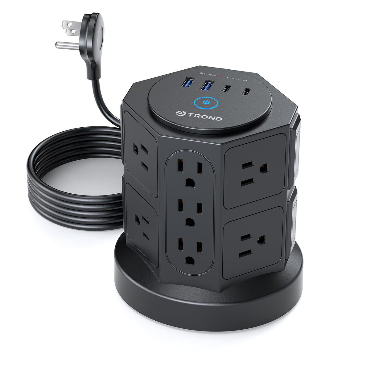 Trond Tower Surge Protector Power Strip With Usb, 14 Widely Spaced Outlets, 2 Usb C And 2 Usb A, 2100J Surge Protection, 6 Feet 