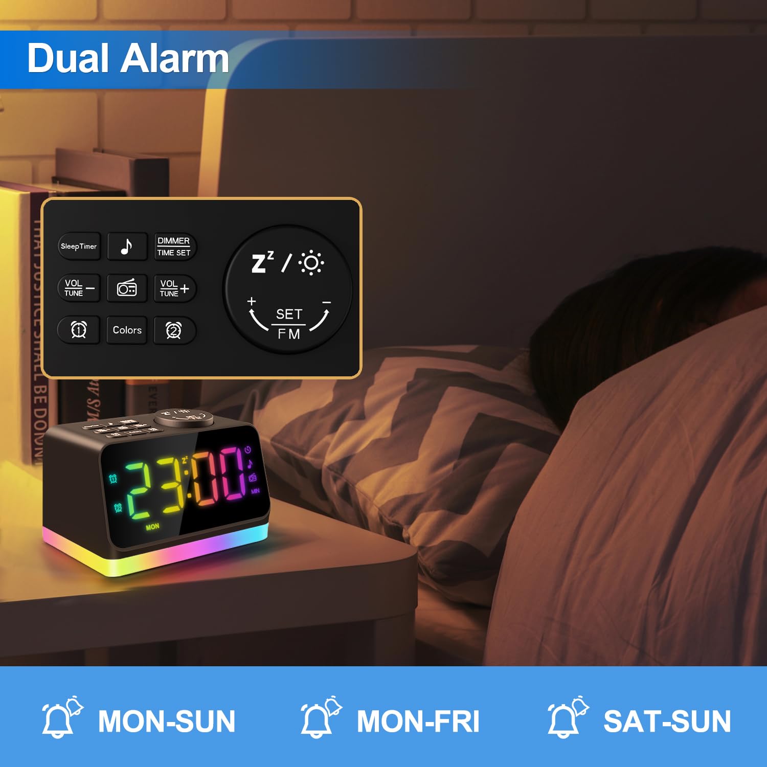 Digital Alarm Clock With Fm Radio For Bedroom, 8 Colors Night Light With 2 Charging Port, Sleep Sound Machines With Timer, Dual