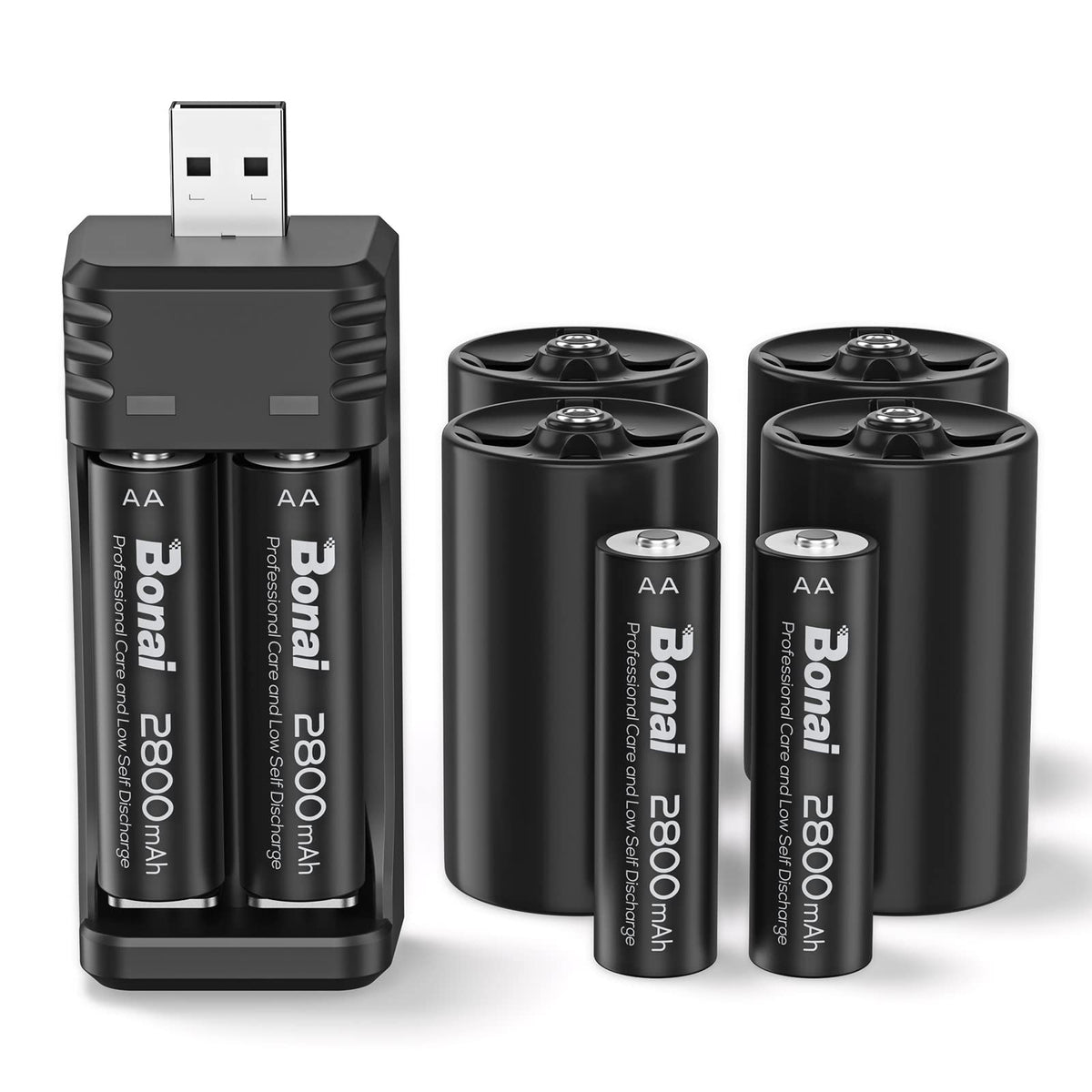 Bonai D Battery Converter With Aa Rechargeable Battery Charger Set,4 Rechargeable D Batteries Aa To D Battery