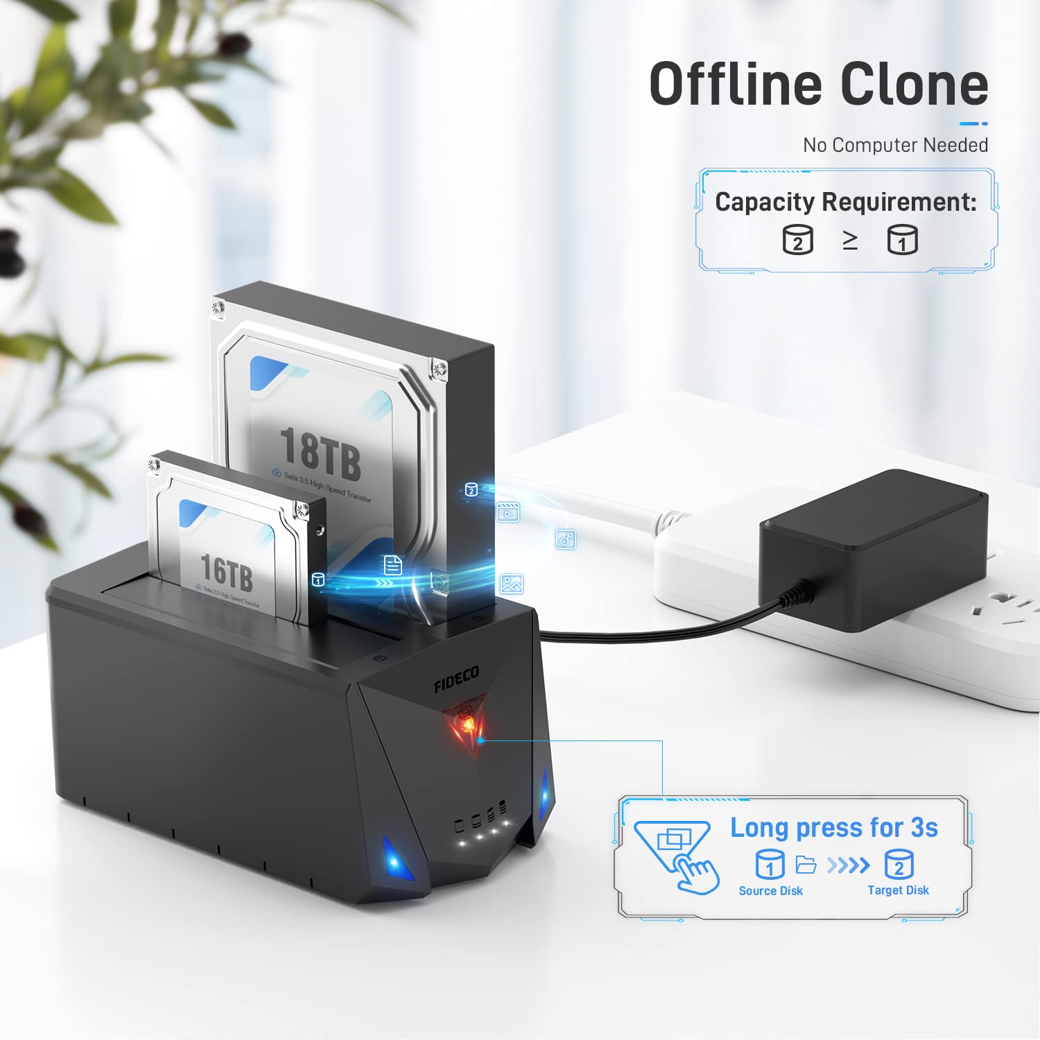 FIDECO USB 3.2 Gen 1 Hard Drive Docking Station - Dual Bay Type-C, HDD/SSD Duplicator, Model YPZ220C, UASP Support, Plastic
