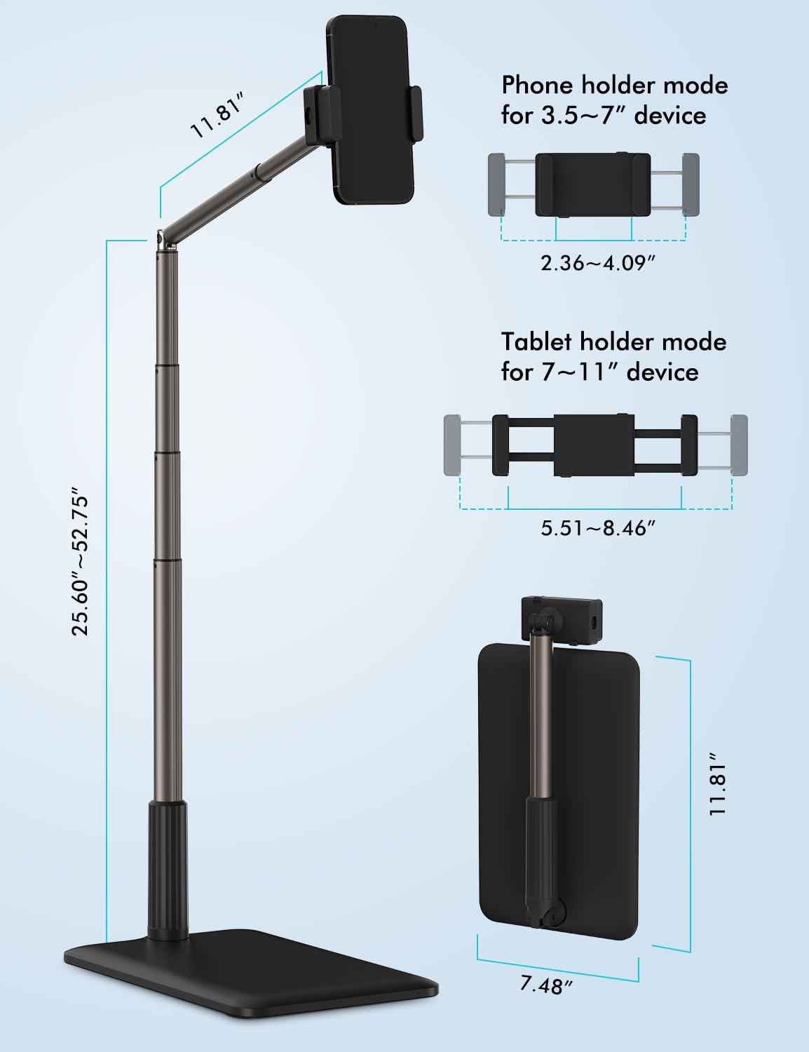 Viozon Tablet Floor Stand Flexible Long Arm Tablet&Phone Holder,360� Angle Adjustable,Aluminum Alloy,Bedside,Sofaside,Desk,Compatible with iPad,Kindle, iPhone 16 15 Plus/Pro Max (3.5'' 11'') Black