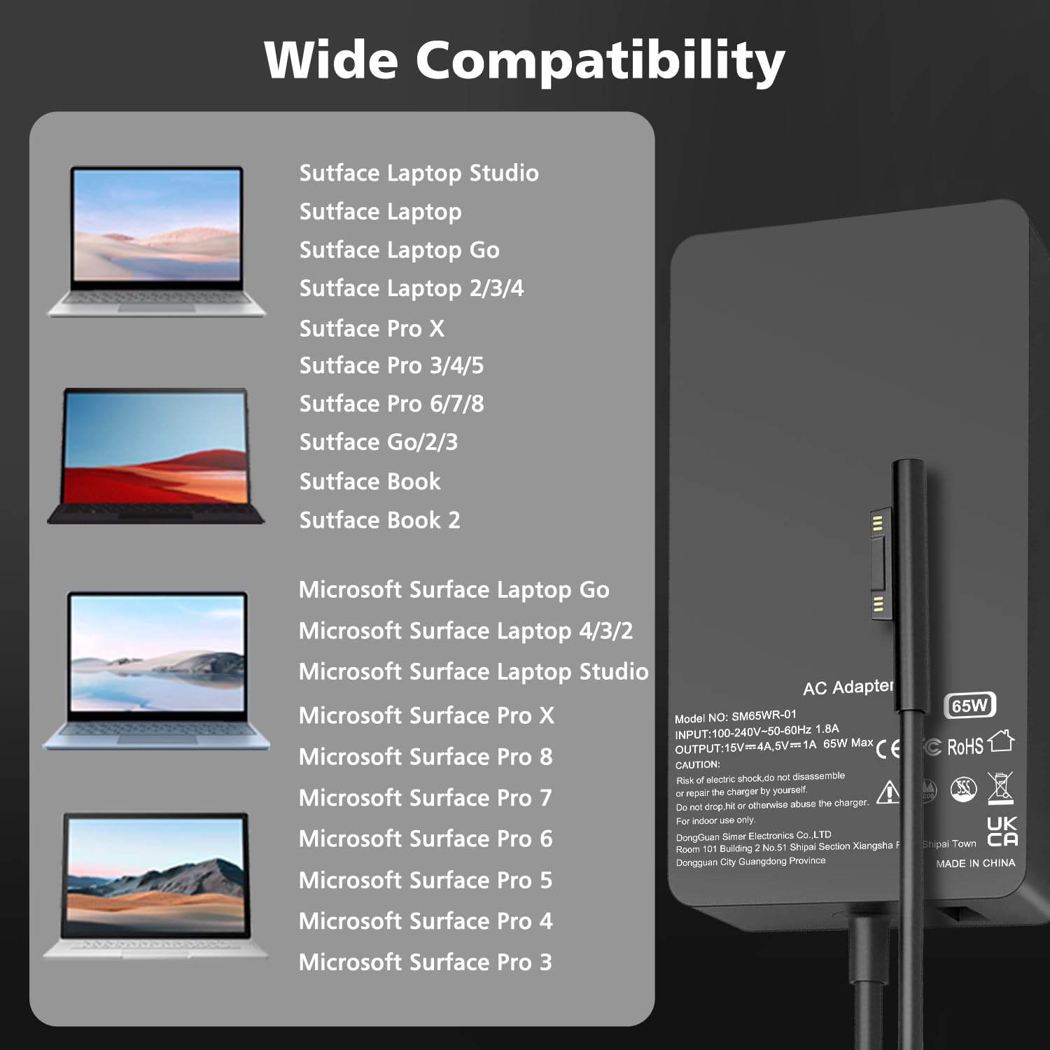Skyvast 65W Surface Pro Laptop Charger For Microsoft Surface Pro 10, 9, 8, 7+, 7, 6, 5, 4, 3, X, Magnetic Surface Connector, Supports 65W, 44W, 36W, With Usb Port