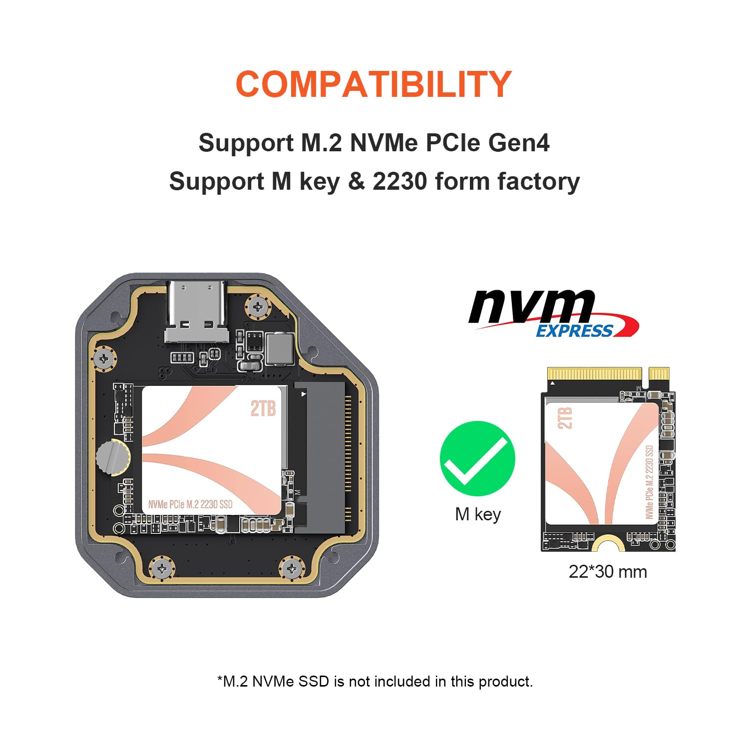 Qwiizlab M.2 2230 NVMe SSD Enclosure, 10Gbps USB-C, Aluminum, Orange, Model ES13UR, Fits M Key up to 2TB,