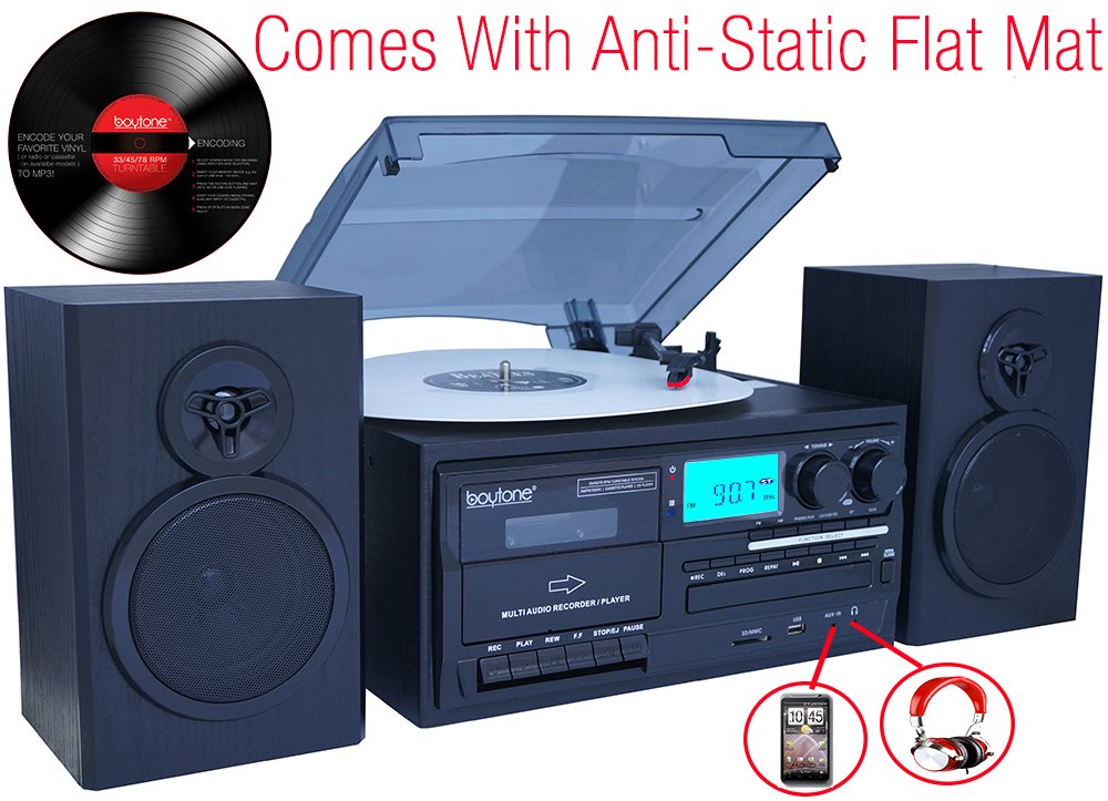 Boytone Bt 28Spb, Bluetooth Classic Style Record Player Turntable With Am/Fm Radio, Cassette Player, Cd Player, 2 Separate Stereo Speakers, Record Vinyl, Radio, Cassette To Mp3, Sd Slot, Usb, Aux