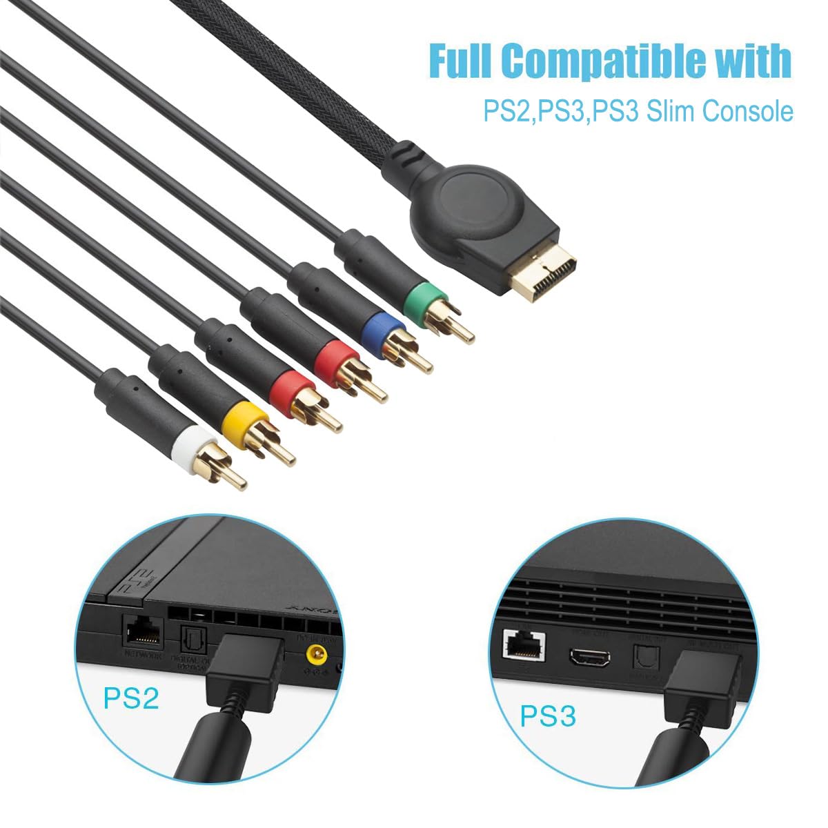 6Ft/1.8M Ps3 Component Av Cable, Premium High Resolution Hdtv Multi Out Composite Rca Audio Video Cable For Ps2 / Ps3 / Ps3 Slim