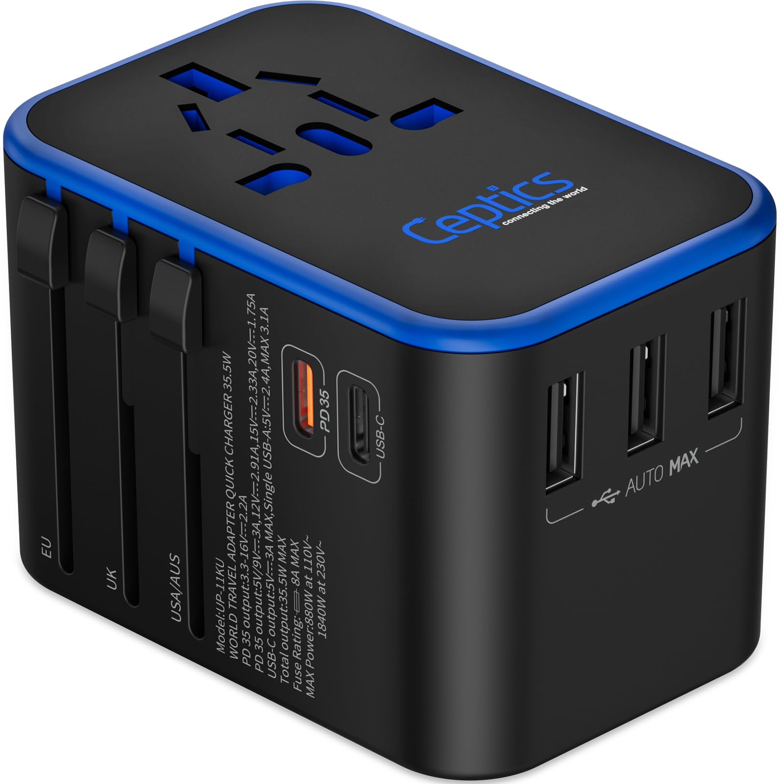 Ceptics World International Travel Plug Adapter   Powerful 33.5W With Pd & Qc 3.0 Dual Usb C Power   3 Usb Ports Wall Charger Type I C G A Outlets 110V 220V A/C   Eu Euro Us Uk (11 Ku)