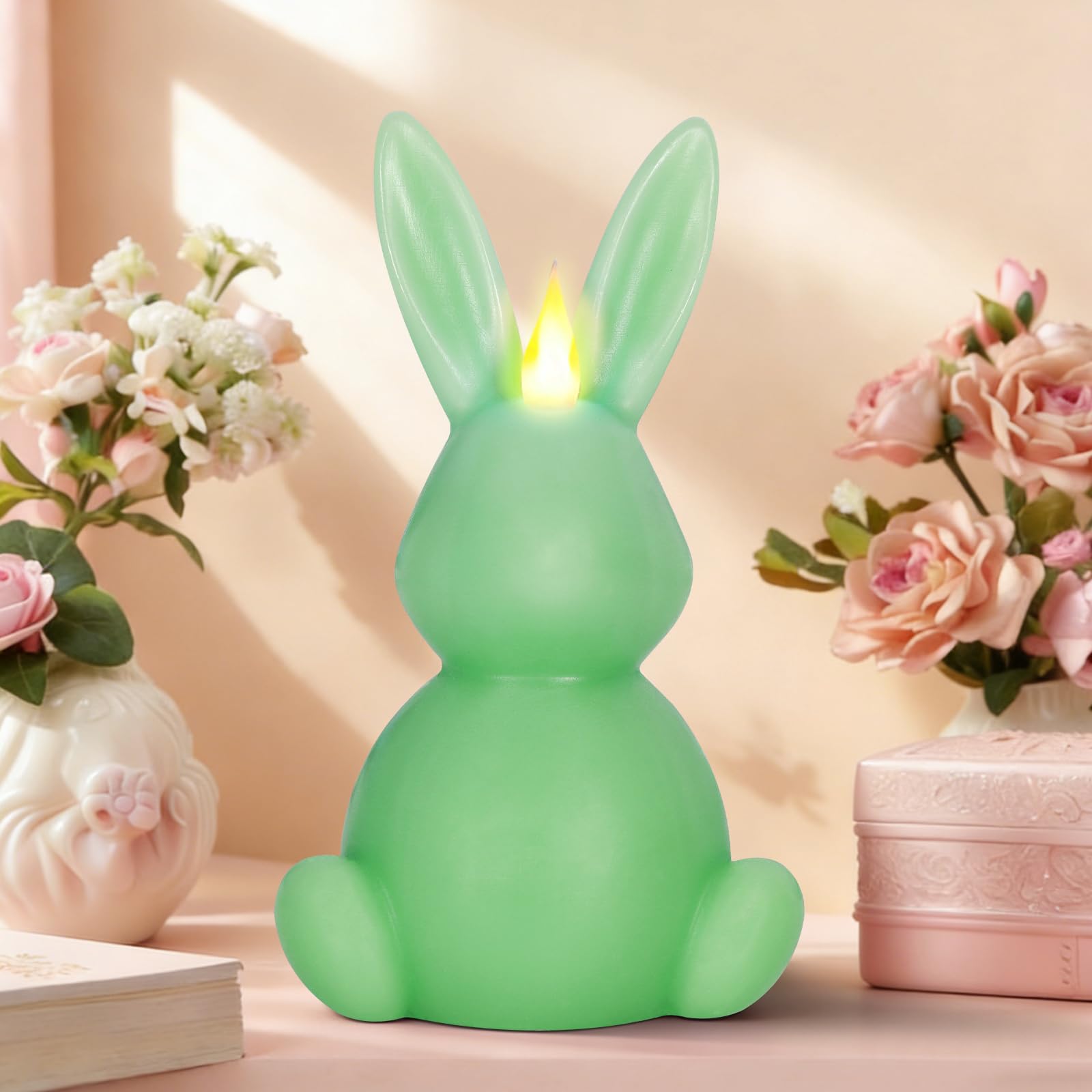 Leorate Green Easter Bunny Flameless Candle,Real Wax Carved LED Candle,Scented Bunny Shape Flame Candle Set for Home Living Room