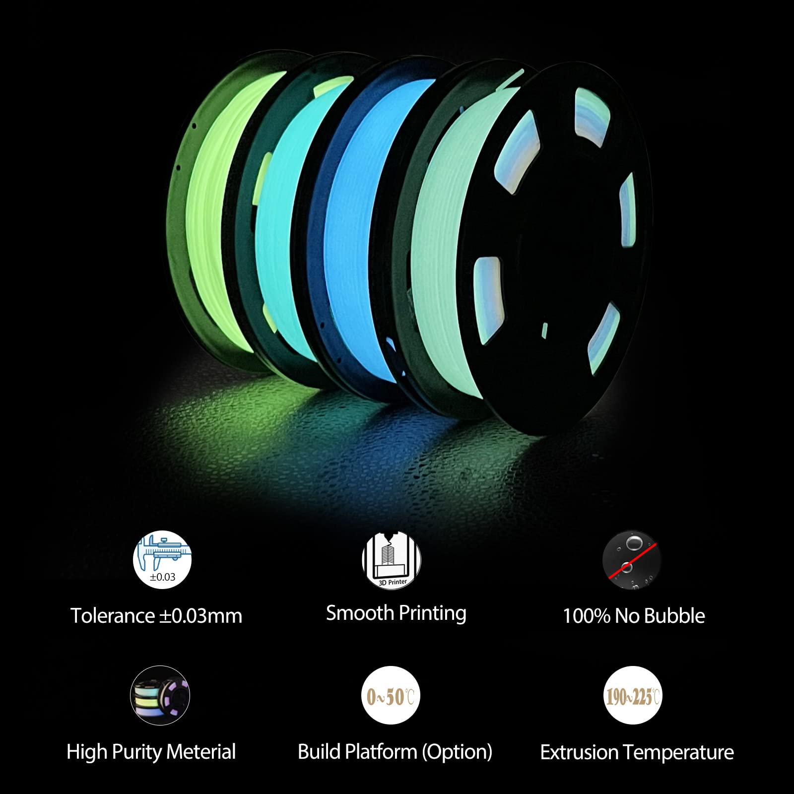 Isanmate 3D Printer Filament Bundle, Glow In The Dark Filament Multicolor, Green, Blue And Blue Green, Pla Filament 1.75 Mm, Dim