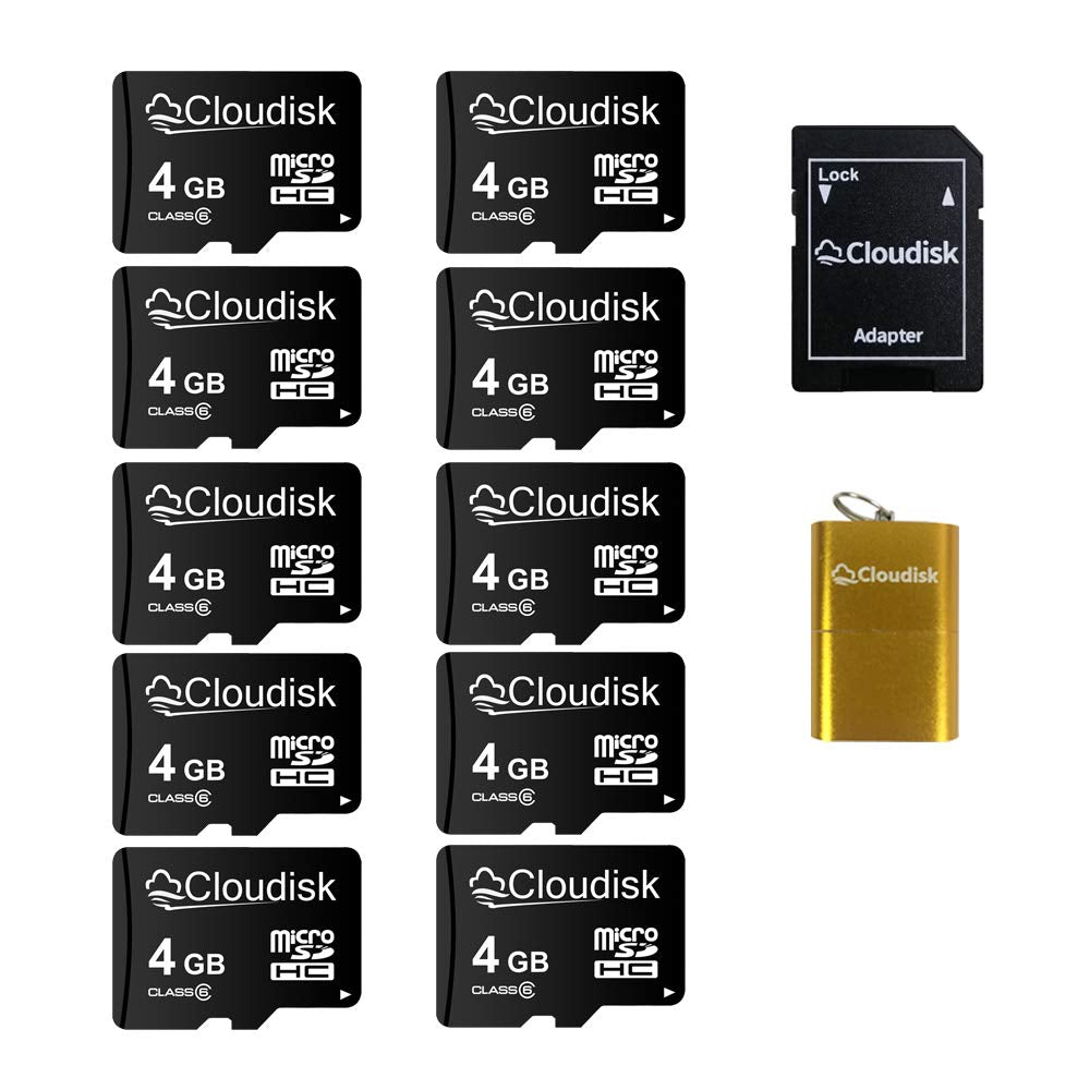 Cloudisk Pack Of 10 Micro Sd Card 4Gb Flash Memory Card C6 Micro Sdhc With Sd Adapter, Card Reader (4Gb)