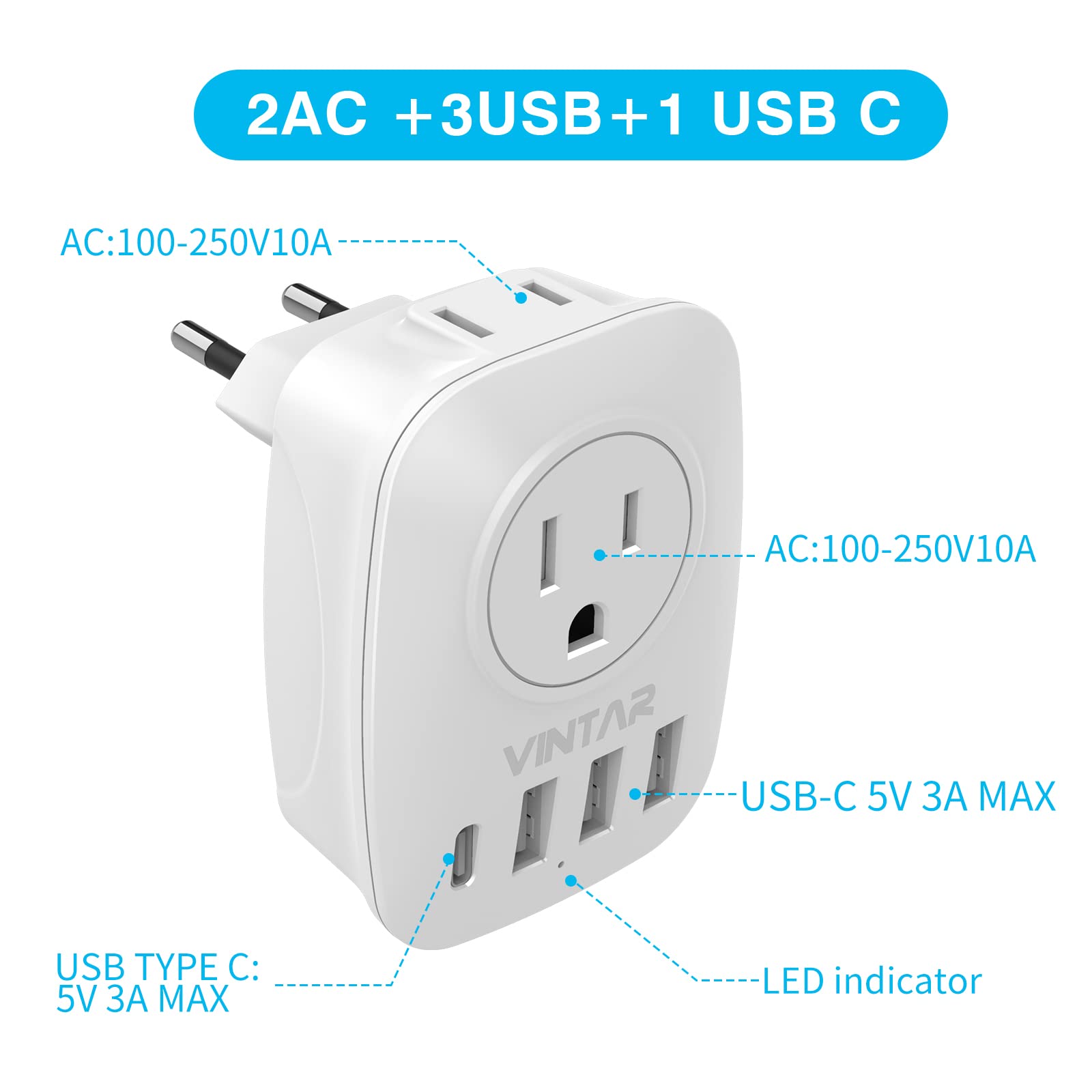 1 Pack European Travel Plug Adapter, Vintar International Power Plug Adapter With 2 Outlets, 3 Usb And 1 Usb C, 6 In 1 Travel Es