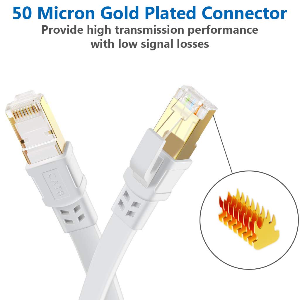 Cat 8 Ethernet Cable 10 Ft Flat Internet Network Rj45 Cable Shielded High Speed 2000Mhz 40Gbps Lan Patch Cables Cords For Outdoor, Gaming, Xbox, Ps4, Router   Compatible For Cat7/Cat6A/Cat5E   White