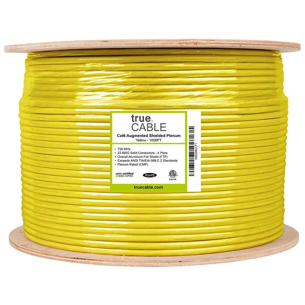 Truecable Cat6A Shielded Plenum (Cmp), 1000Ft, Yellow, 23Awg Solid Bare Copper, 750Mhz, Poe++ (4Ppoe), Etl Listed, Overall Aluminum Foil Shield (F/Utp), Bulk Ethernet Cable