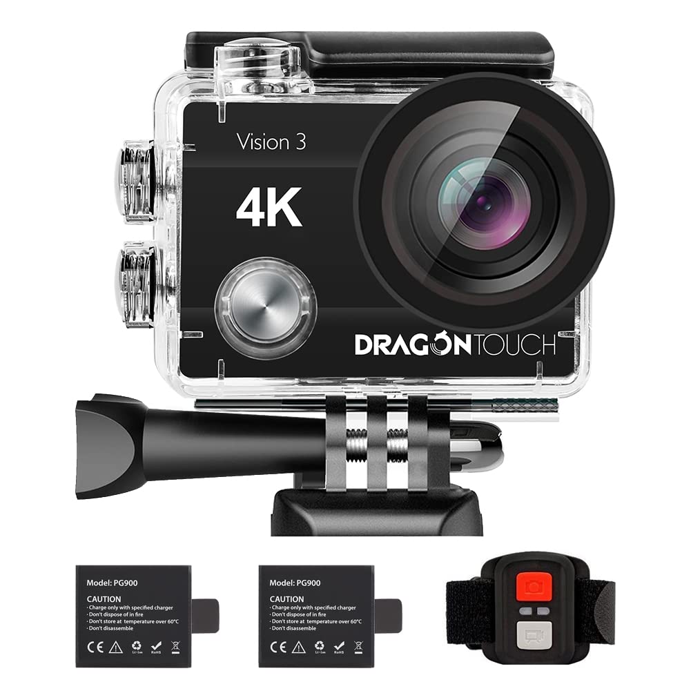 Dragon Touch 4K Action Camera 20Mp Vision 3 Underwater Waterproof Camera 170    Wide Angle Wifi Sports Cam With Remote 2 Batteri