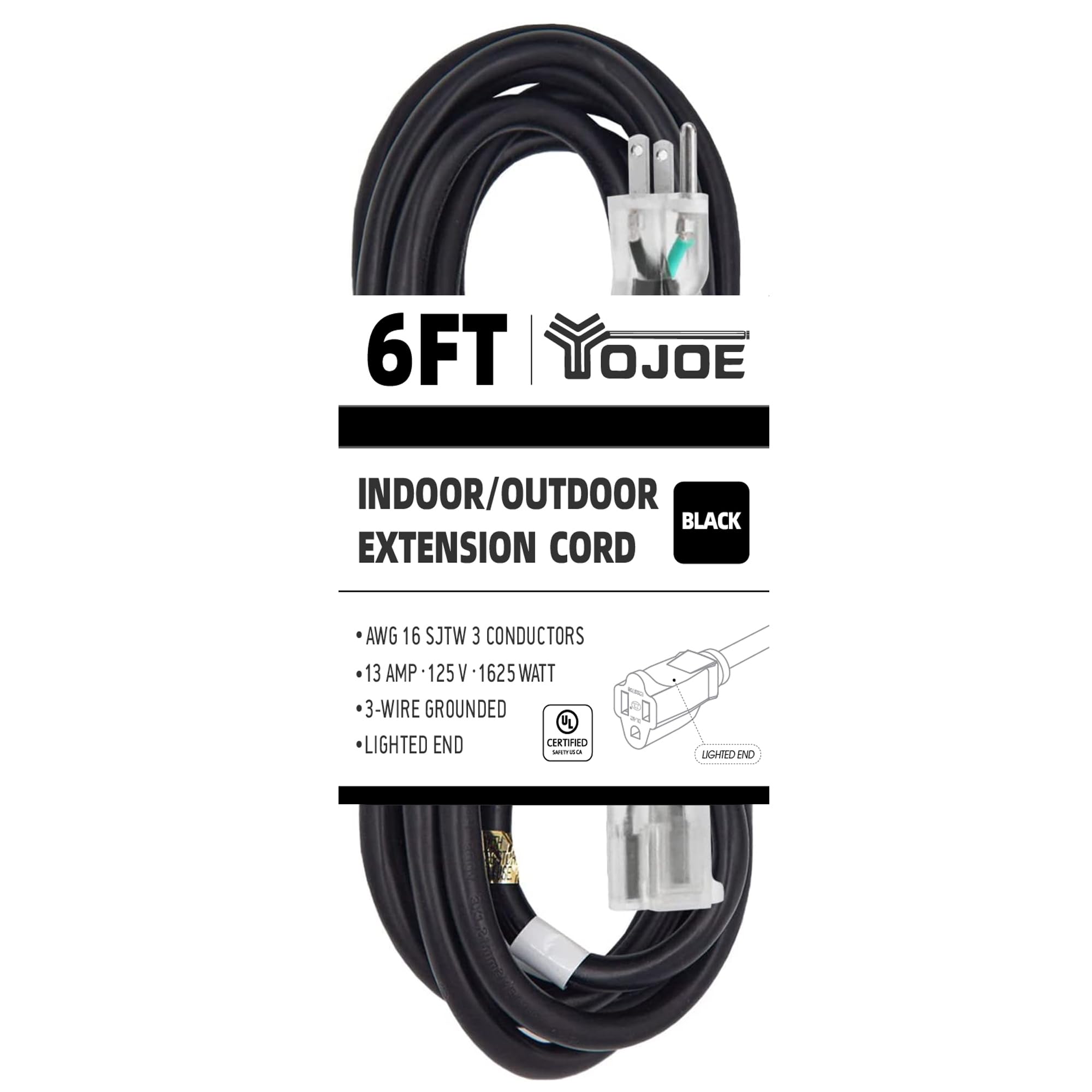 Yojoe Indoor Outdoor Extension Cord With Lighted End, 3 Prong 13A Weatherproof Power Extension Cord, 16 Gauge Heavy Duty 6 Ft Bl