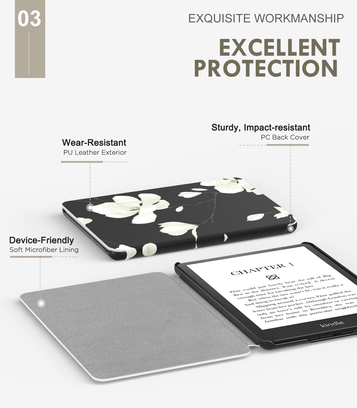 MoKo Case for 6.8' Kindle Paperwhite (11th Generation 2021) and Kindle Paperwhite Signature Edition, Light Shell Cover with Auto Wake/Sleep for Kindle Paperwhite 2021 E Reader, Black & White Magnolia