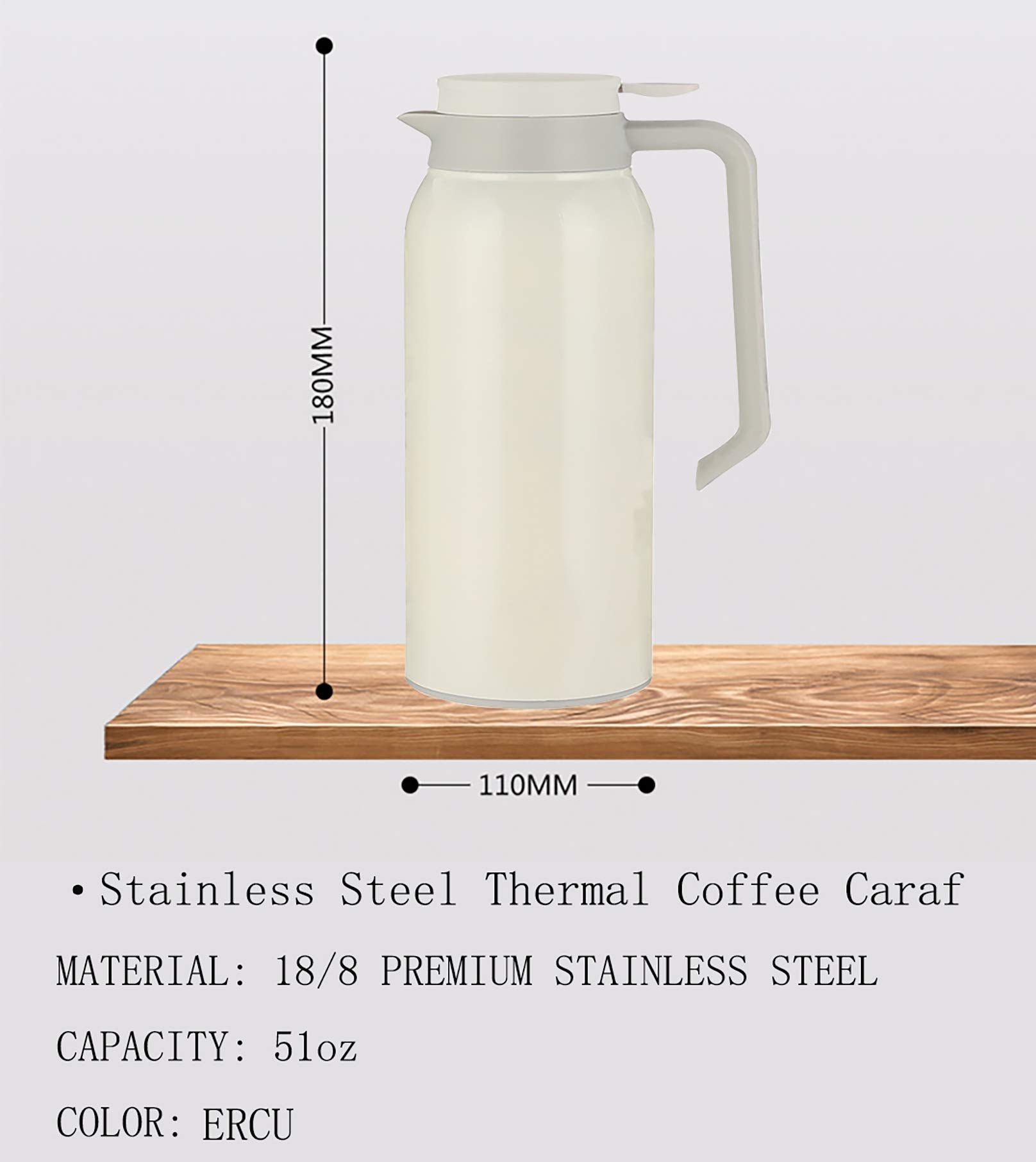 51Oz Stainless Steel Thermal Coffee Carafe, Large Capacity Double Walled Vacuum, 12 Hour Heat Retention, 1.5L Tea, Water, And Co