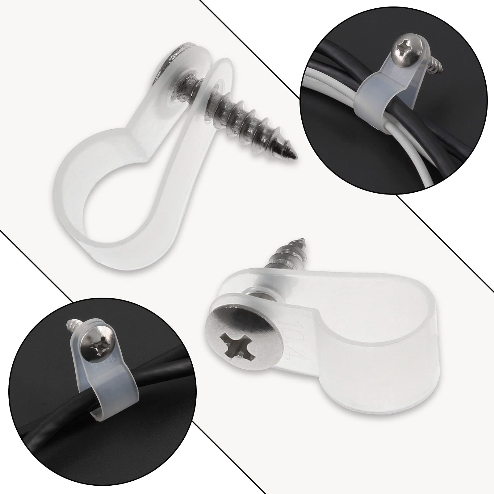 Bonsicoky 50Pcs 3/8 Inch Rope Light P Style Clips With Screws, Cable Clip Wire Clamp Cable Organizer Cord Holder For Wire Manage