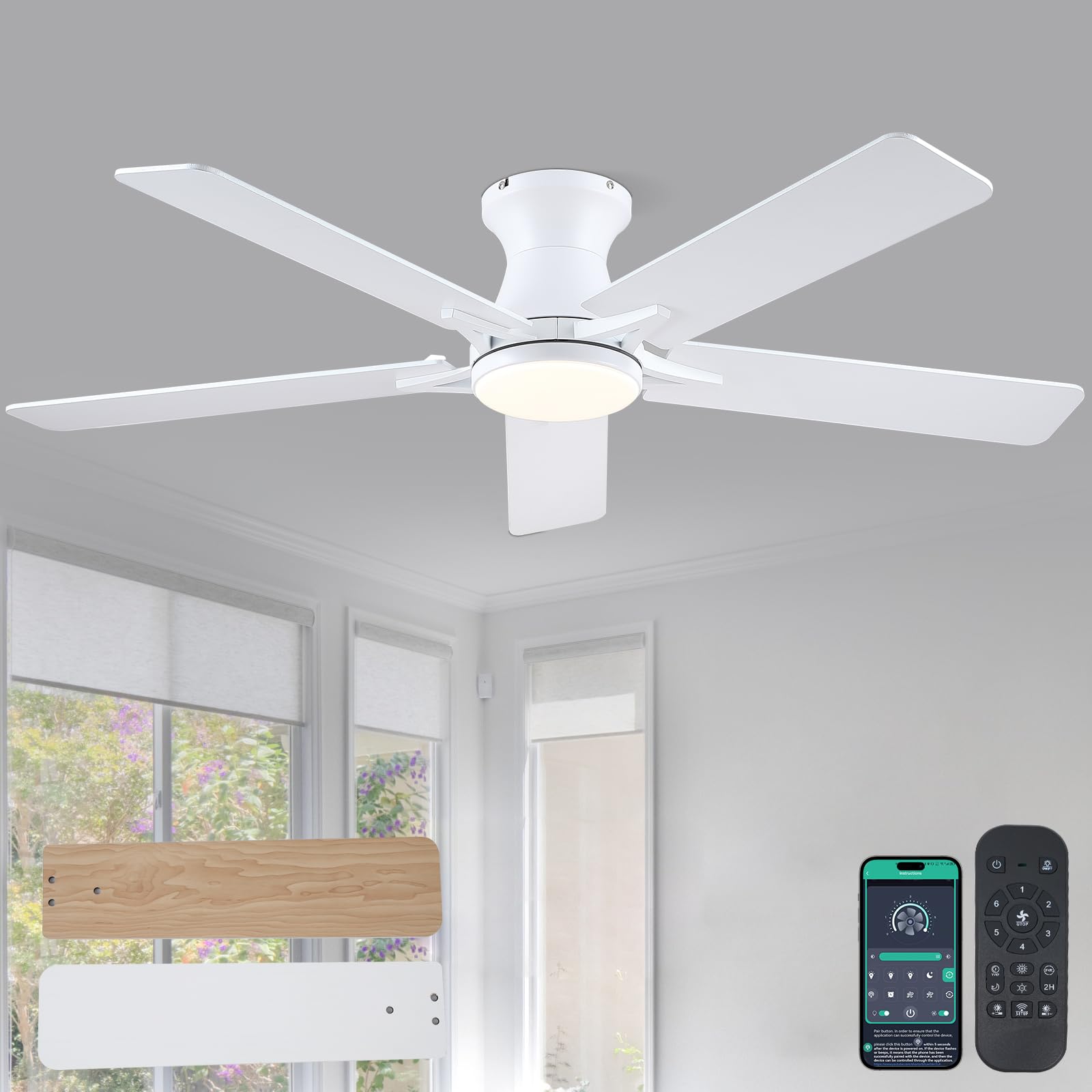 Goniyado 52 White Low Profile Ceiling Fans with Lights,Modern Flush Mount Ceiling Fans with Reversible DC Motor,Dimmable 3 Color