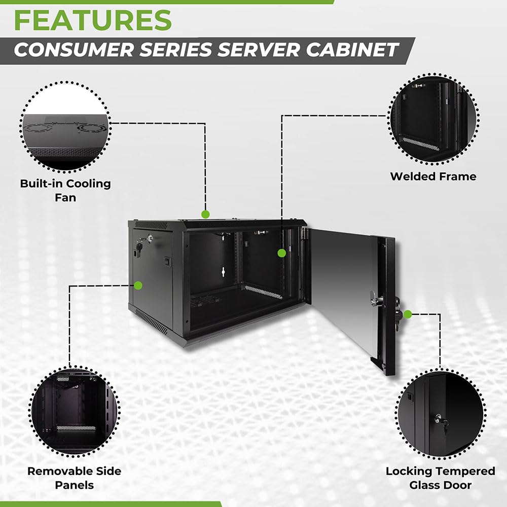 Navepoint 6U Server Rack Enclosure With Glass Door, Cooling Fan, Locks, & Removable Side Panels   6U Wall Mount Network Cabinet