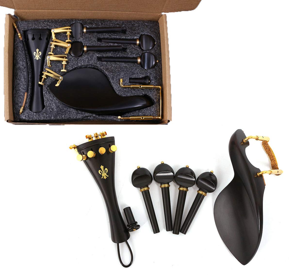 Yinfente 4/4 Violin Kit Full Size Violin Accessories Peg Tailpiece Fine Tuner Chin Rest Clamp End Pin Ebony Wood (4/4)