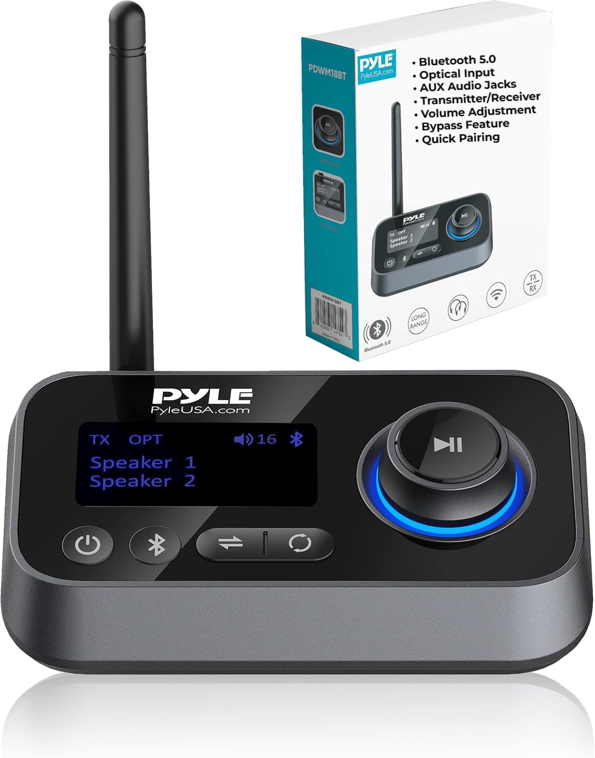 Pyle Wireless Bluetooth Transmitter Receiver - Audio Transmitting Box for TV Home Stereo, LCD Display, Optical, and AUX Audio Ja