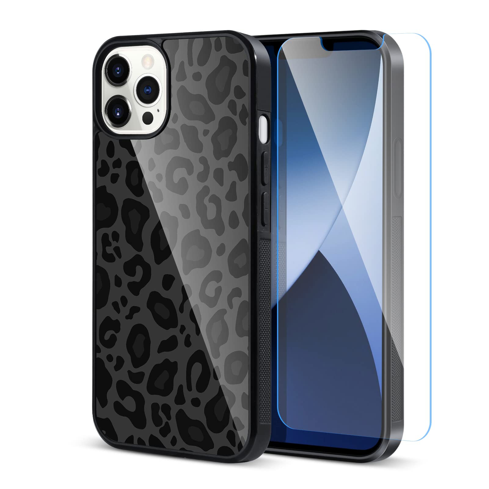 TEAUGHT Compatible with iPhone 14 Pro Max Case Cute Pattern Black Leopard Print Cheetah + Screen Protector Tire Shockproof Cover