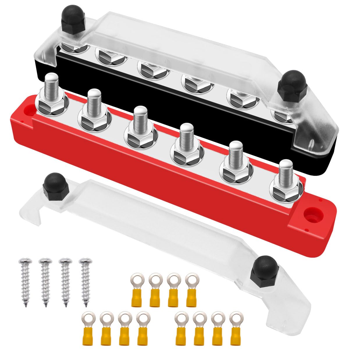 Seamaka (Red+Black) Power Distribution Terminal Block With Cover With 6 X 1/4    (M6) Post,Battery 12V Bus Bar With Ring Termina