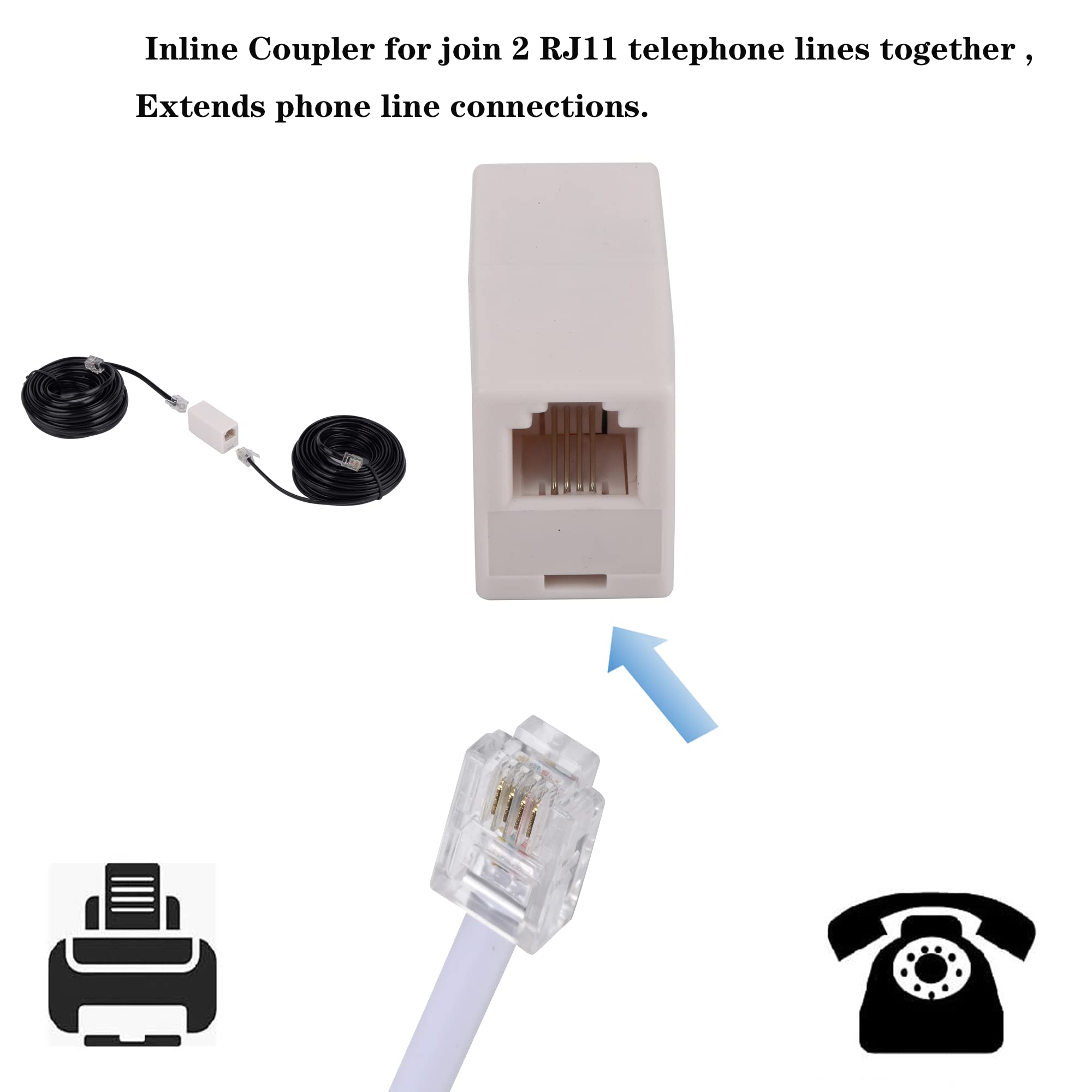 Lansensu Rj11 Coupler, Straight Telephone Inline Coupler Rj11 6P4C Inline Keystone Jack Female To Female Straight Telephone Cabl