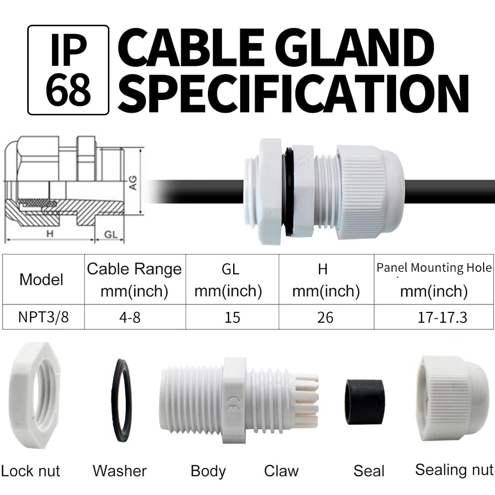 3/8 Cable Glands White Pa66 Connector Ip68 Waterproof Adjustable Cord Grip Strain Relief Connectors Protectors White 10Pcs With