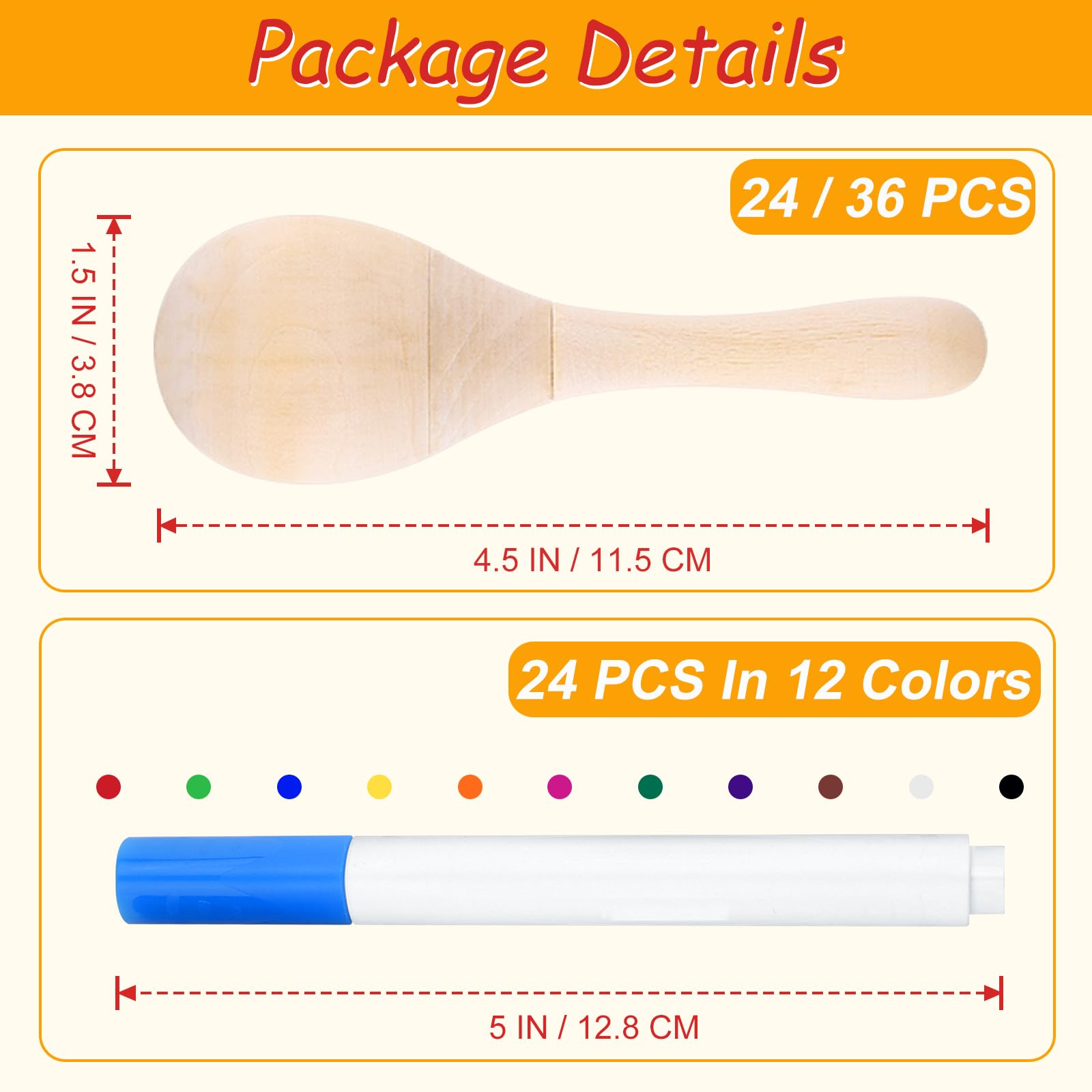 Chrorine 24/36Pcs Wooden Maracas For Kids, Diy Set With 24Pcs Color Pens, Maracas Musical Instruments For Cinco De Mayo Mexican