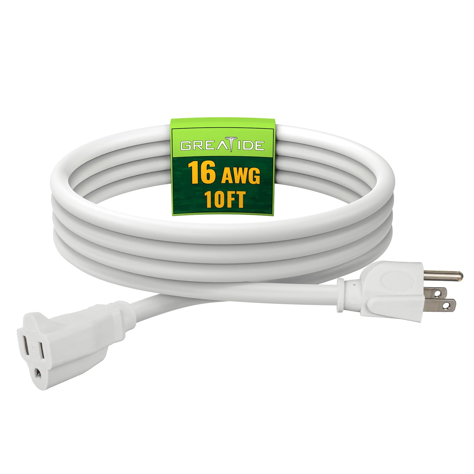 Greatide Indoor Outdoor Extension Cord 10 Ft, 16/3 Sjtw Weatherproof White Electrical Cords, 13 Amp Heavy Duty 3 Prong Power Cab