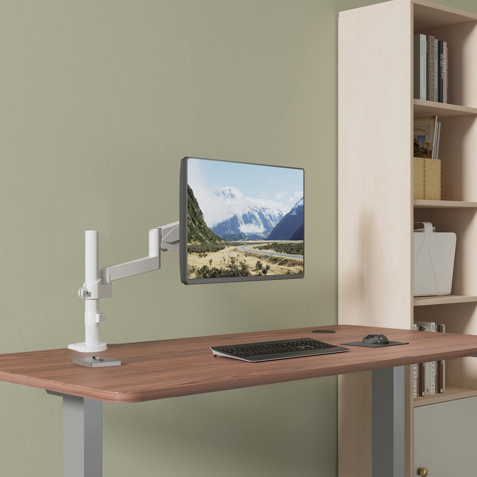 WALI Single Monitor Mount, Adjustable Gas Spring Arm Desk Mount for Screen up to 32 inch, 17.6lbs Weight Capacity, Mounting Pattern 75 x 75mm or 100 x 100mm (GSDM001W), White