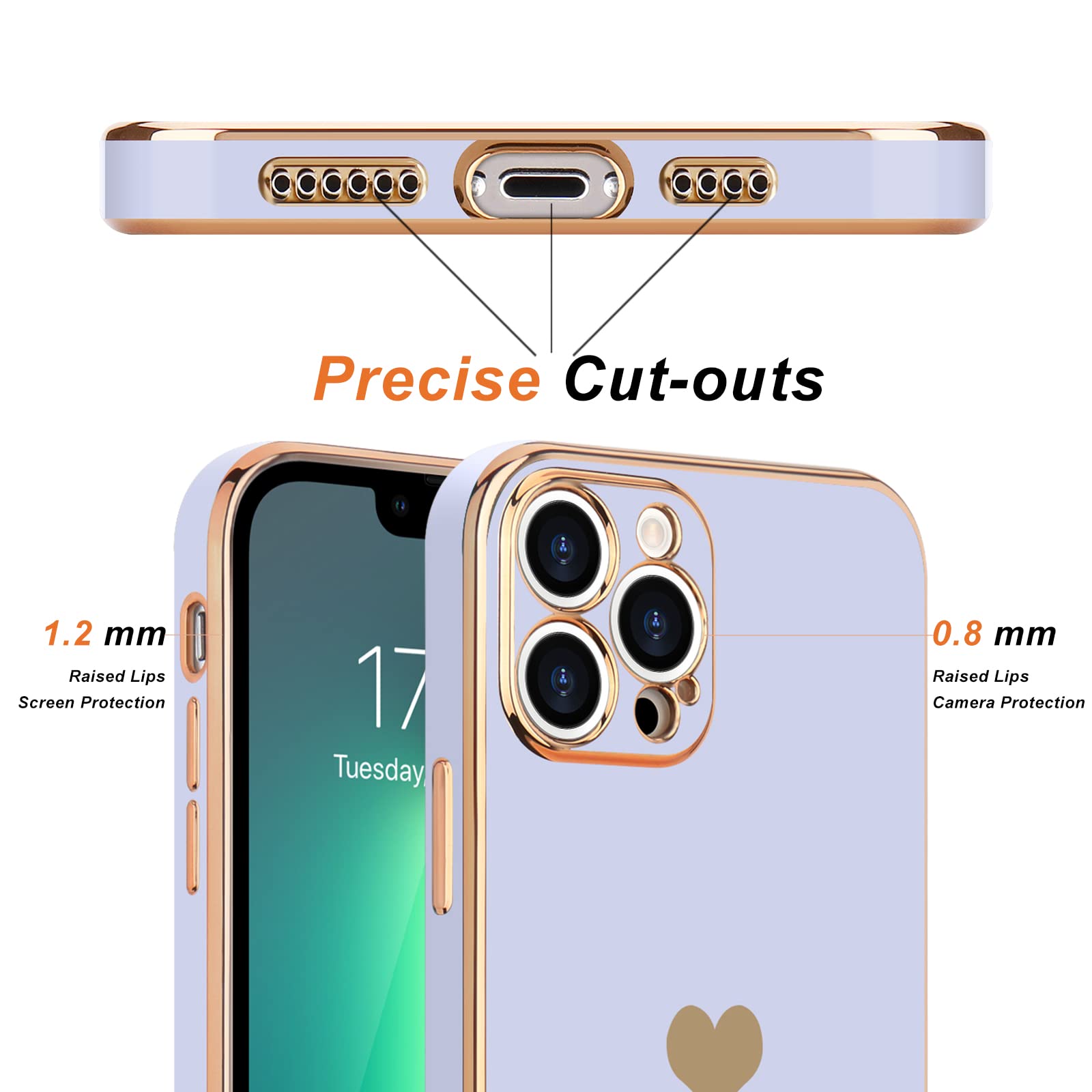 Teageo For Iphone 13 Pro Case For Women Girl Cute Love Heart Luxury Plating Soft Bling Back Cover Raised Full Camera Protection